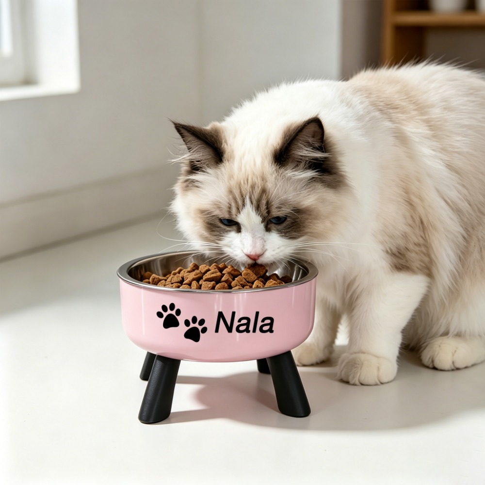 TEMU Puppy Neck-support Elevated Pet Bowl, Stainless Steel Cat And Dog Bowl, Non-slip And Tip-resistant Household Pet Feeding Dish, Customizable With