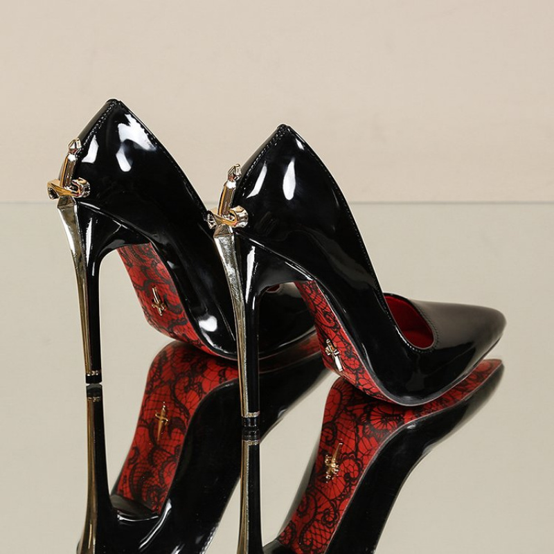 Patent Pointed-Toe Stiletto High Heels with Metal Trim, Sexy and Eye-Catching, Suitable for Night Parties and Dating Occasions