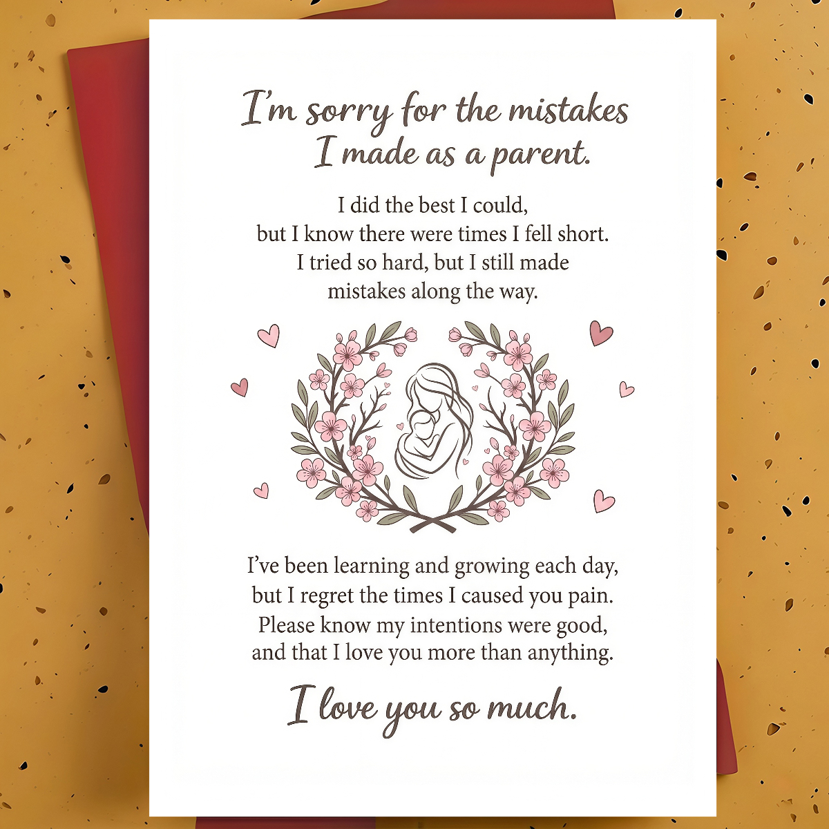 TEMU Carte d' parentale 1 pièce pour fille, fils – Illustration au trait florale de cœur rose, message de , épaissie, avec enveloppe