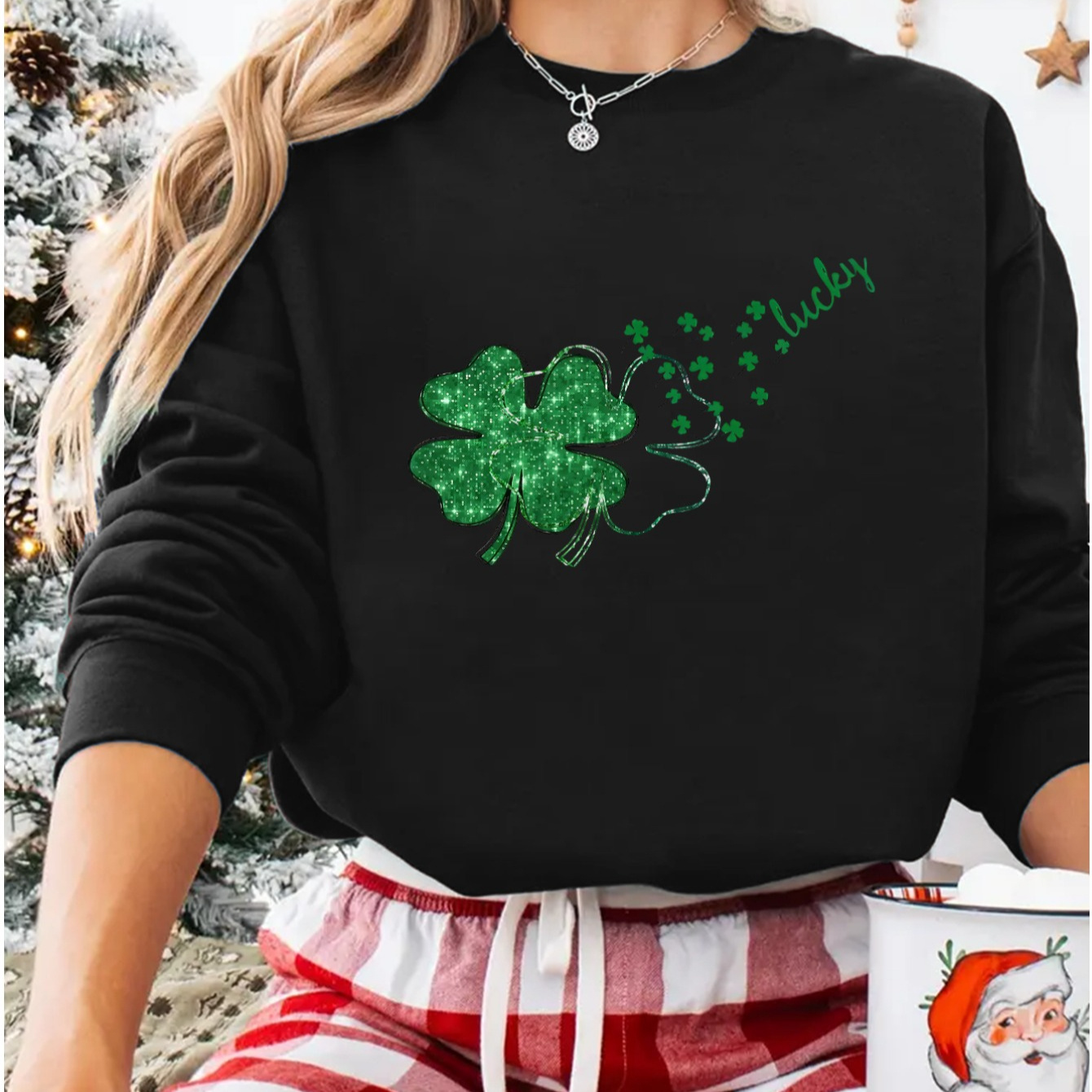 

Women's 's Day Fleece-lined Sweatshirt - Cozy & Warm Pullover With Sparkling Clover & "" Print, Long Sleeves, Round Neck - Soft Polyester , Machine Washable, Cartoon Print,