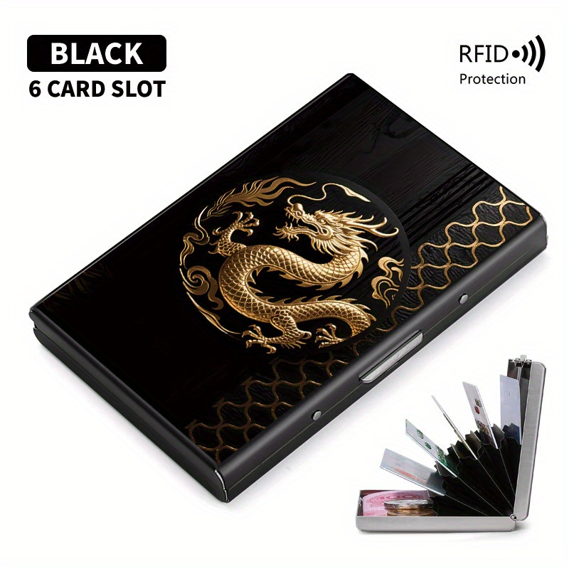 TEMU Porte-cartes antivol RFID haut de gamme en acier inoxydable avec motif dragon doré et nuage auspice pour hommes - Portefeuille élégant en métal
