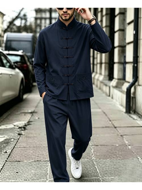 spring summer mens new embroidered tang suit chinese style two piece set lightweight and breathable comfortable and versatile mens long sleeve shirt and trousers lightweight and breathable easy
