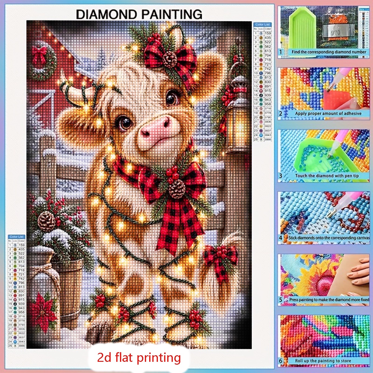 TEMU 2d Flat Printing Unframed 5d Drill Diamond Painting Kit, Cute Highland Cow With Christmas Lights For Adults, Home Wall Decor, Perfect Gift For