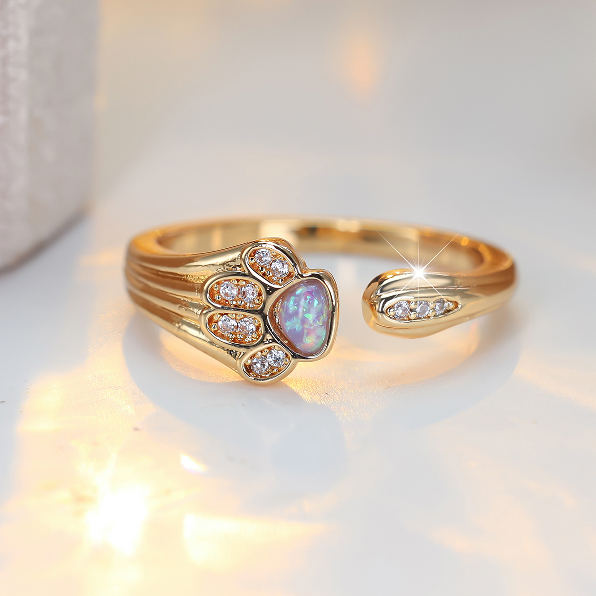 Unisex Cute Paw-Shaped Open Ring with Iridescent Opal