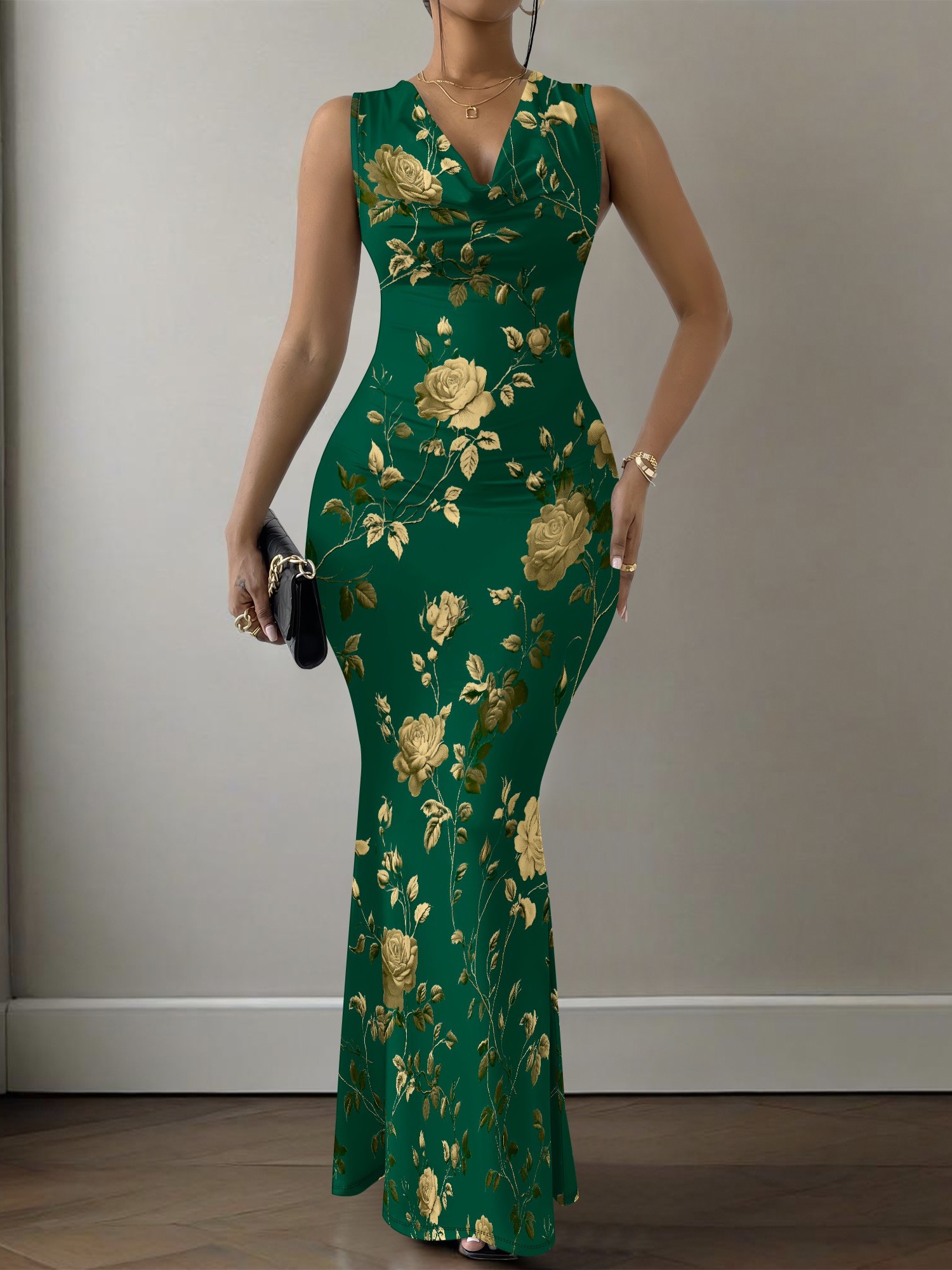 Elegant Cowl Neck Dress, Dark Green Golden Floral Maxi * Fit Party Gown,  Vintage Event, S-2XL * Dress