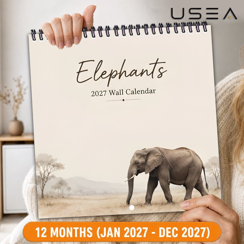 TEMU 2027 Wall Calendar2027 Wall Calendar, 12 Month Monthly Planner, Elephant Square Calendar (8.3x8.3 Inch), Twin Wire Spiral Hanging Calendar With