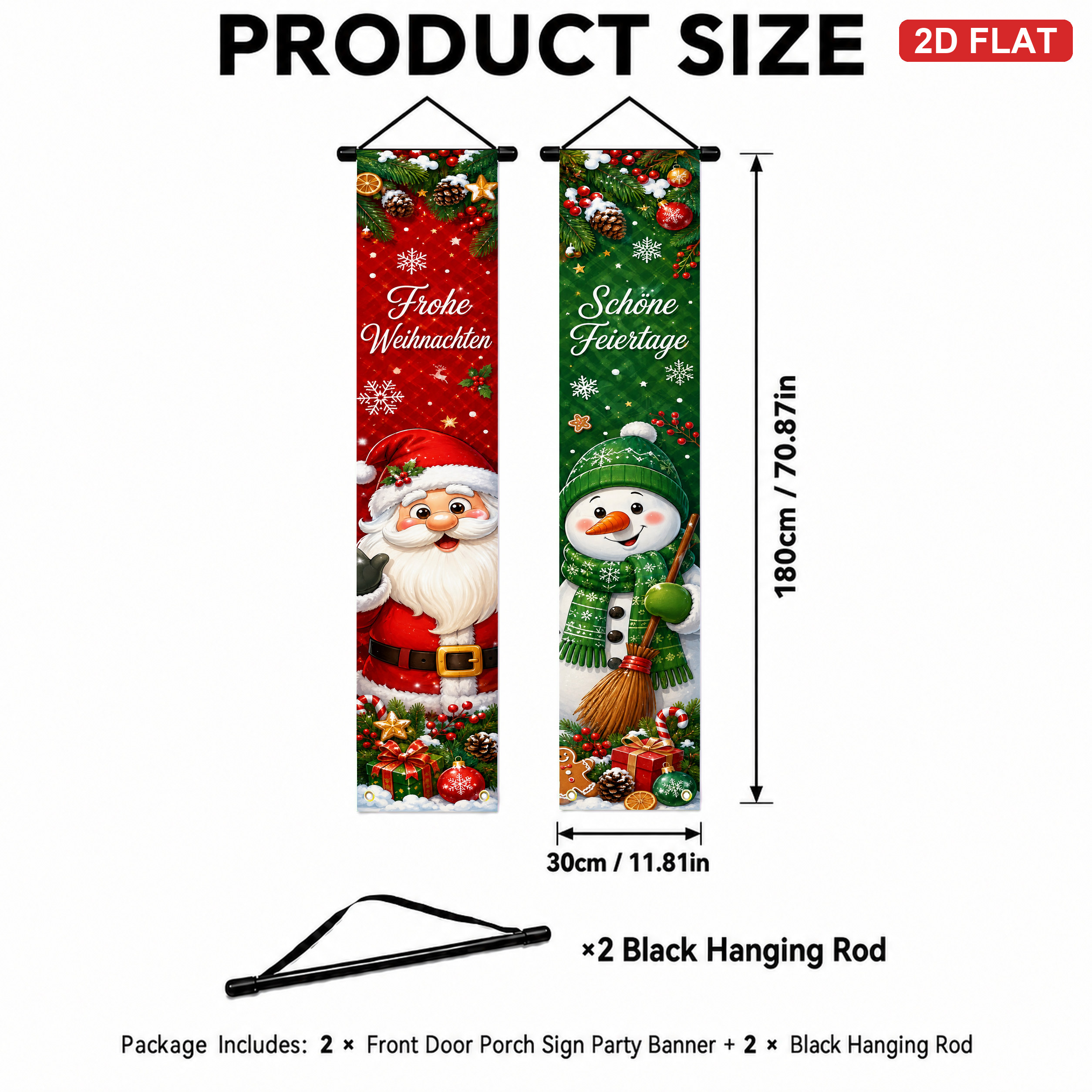 TEMU 2d Flat, 2pcs German Merry Christmas Banners Suitable For Front Door Porch Wall Decor - Red & Green Santa Snowman Holiday Decoration With German