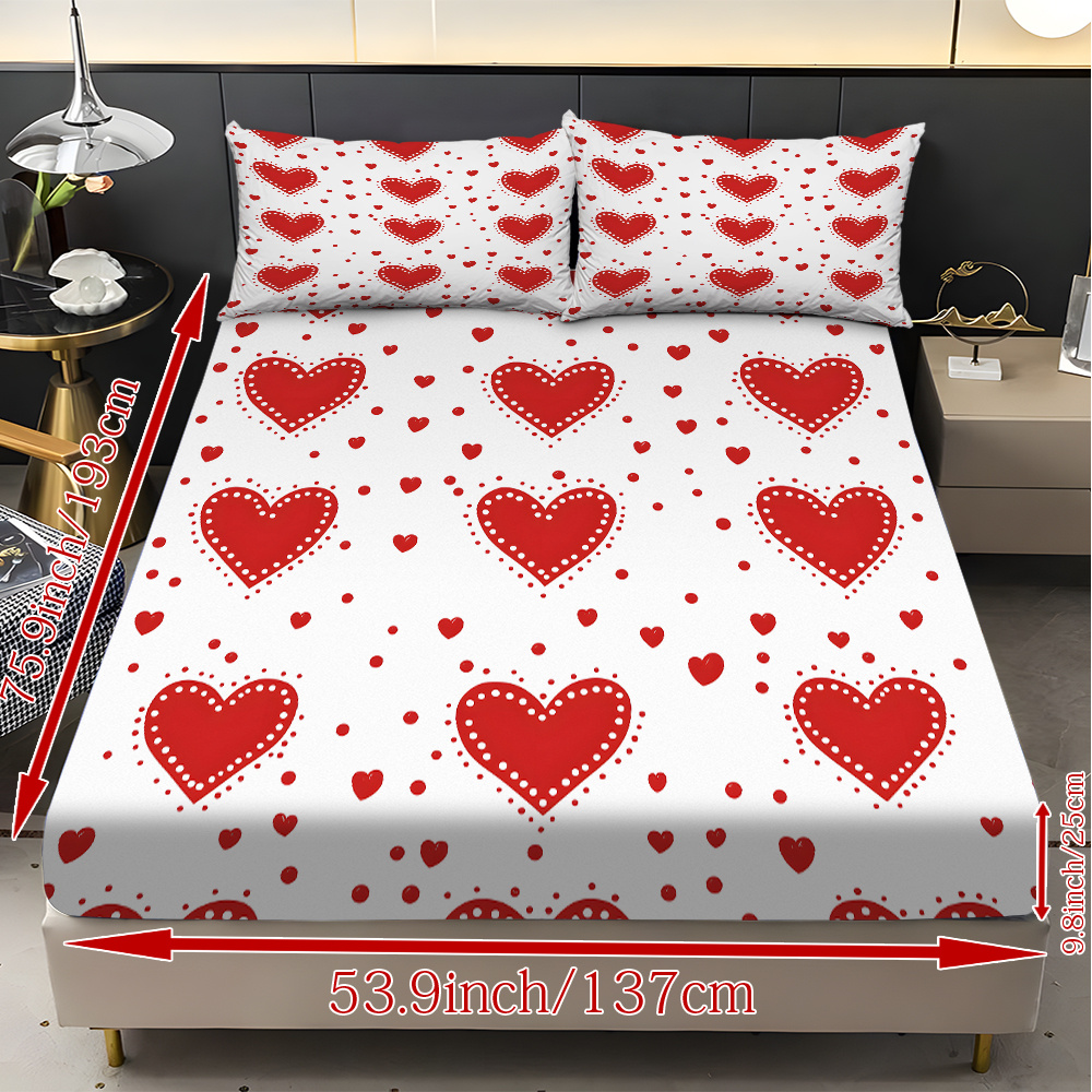 3pcs valentines day bedding set red hearts on white fitted sheet pillowcases soft mattress protector with deep pocket   to   machine washable   sheets for couples hotels dorms   design dorm essentials romantic decor durable construction hotel owners Product details 9