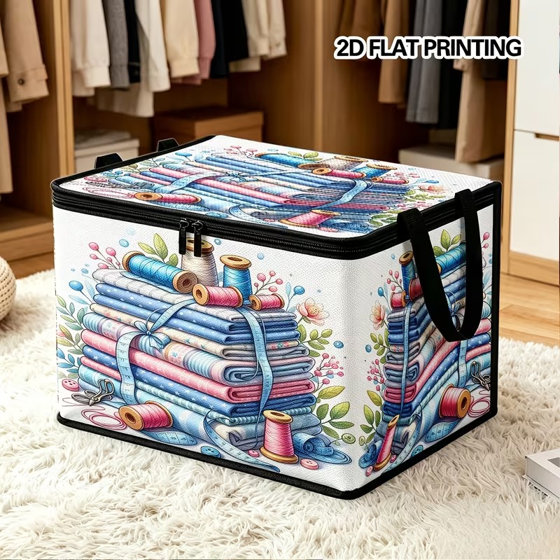 TEMU 1pc Macaron Sewing Fabric Spool Ribbon Printed Foldable Storage Box, 2d Flat Fabric Organizer With Zipper And Reinforced Carry Handle, Large