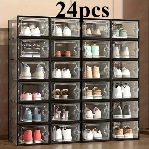 24pcs thick transparent shoe boxes with lids foldable and stackable plastic shoe rack storage boxes waterproof space saving storage for all footwear suitable for entryway bedroom home