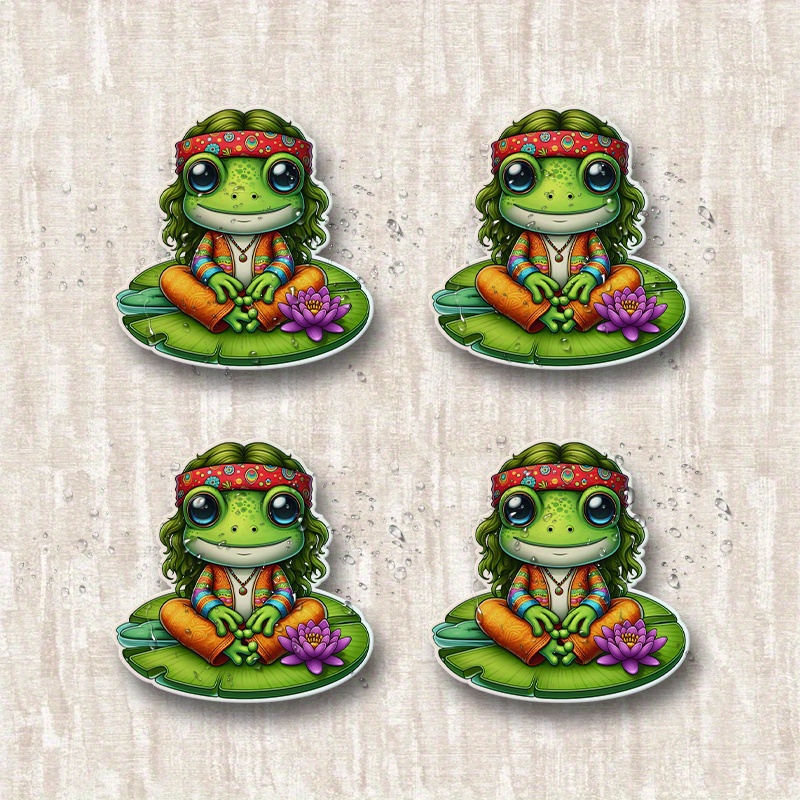 4pcs Hippie   Stickers - Vibrant Cartoon Frogs with Carrots & Flowers, Colorful   for Bumpers, Windows, Laptops, Trucks,  , Water Bottles - Durable Vinyl, Self- , Frog Decor