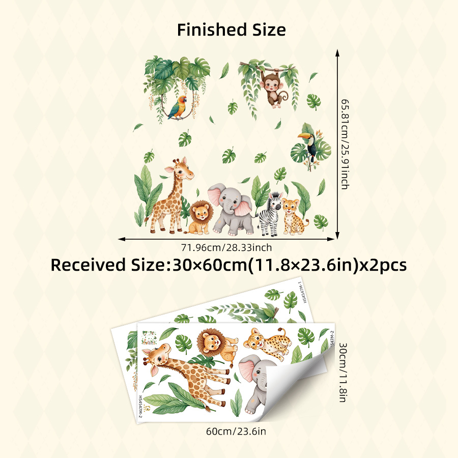 2 Sheet Wall Stickers With Monkey Giraffe Lion Elephant Zebra Leopard And Tropical Birds, Removable Peel And Stick Animal Decals For Bedroom Living Room Decor, Educational Animal Theme Art