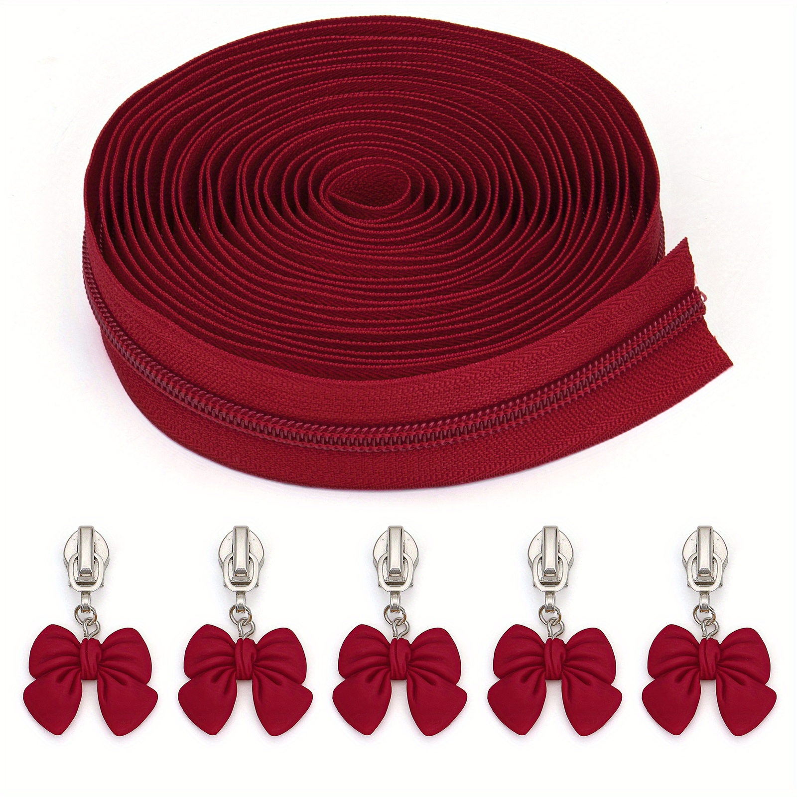 Image of 1 Set = 450cm/5 Yards Zipper + 5 Zipper Pulls, 5# Nylon Zipper, Matching Bow Zipper Pulls, 4 Colors : Light Pink, Yellow, Purple, And Burgundy, Suitable For Home Sewing Diy Zipper Replacement