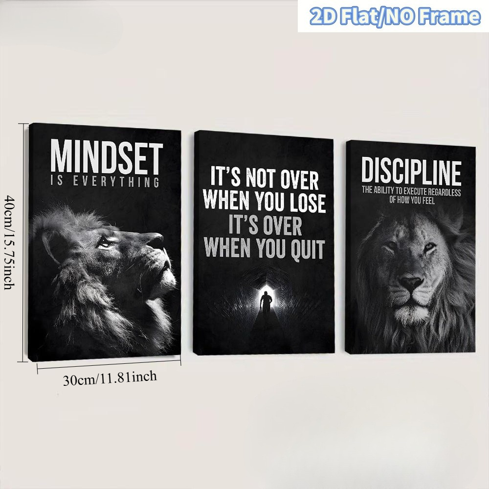 TEMU 2d Flat, 2d Flat, 2d Flat Frameless 3pcs Modern Minimalist Inspirational Lion Wall Art Black And White Animal Canvas Print, Living Room Study