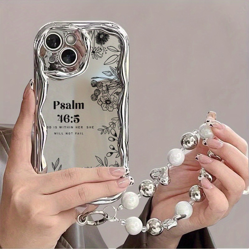 [Shockproof iPhone Case] Unique Anti-fall iPhone Case - Electroplated Silver Curved Edge Pattern Mobile Phone Case with Pearl Bracelet Lanyard Design, Durable, Compatible with iPhone 16 15 14 13 12 11 Pro Promax 16 15 14 Plus Cute Fashion Thickened Shockproof Mobile Phone Case