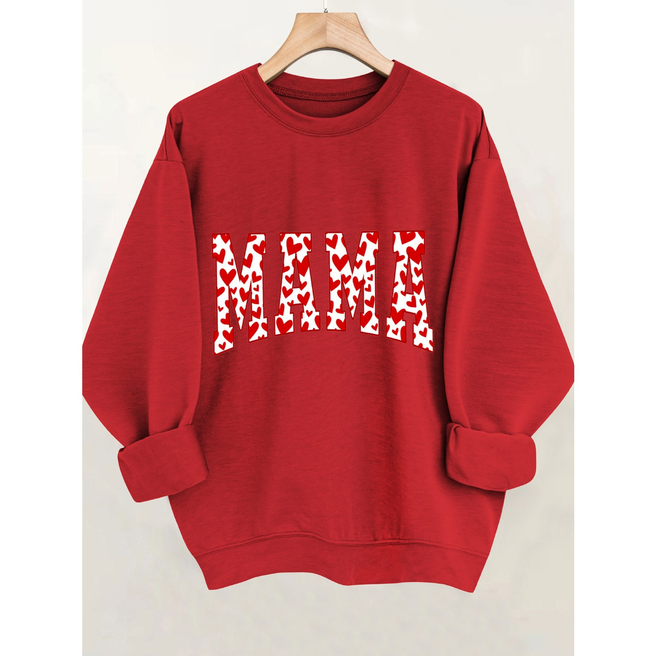 

Valentine's Day Love Print Red Sweatshirt - Casual Crew Neck, Stretchy Polyester , Machine Washable - All