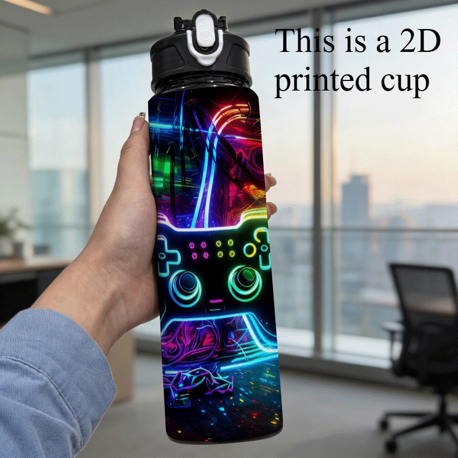 TEMU 1pc 25oz/750ml Leakproof Straw Water Bottle With Lid & Straw Suitable For, Travel, Gym, - Uv Printed Neon Gaming, Lightweight Plastic Cup For