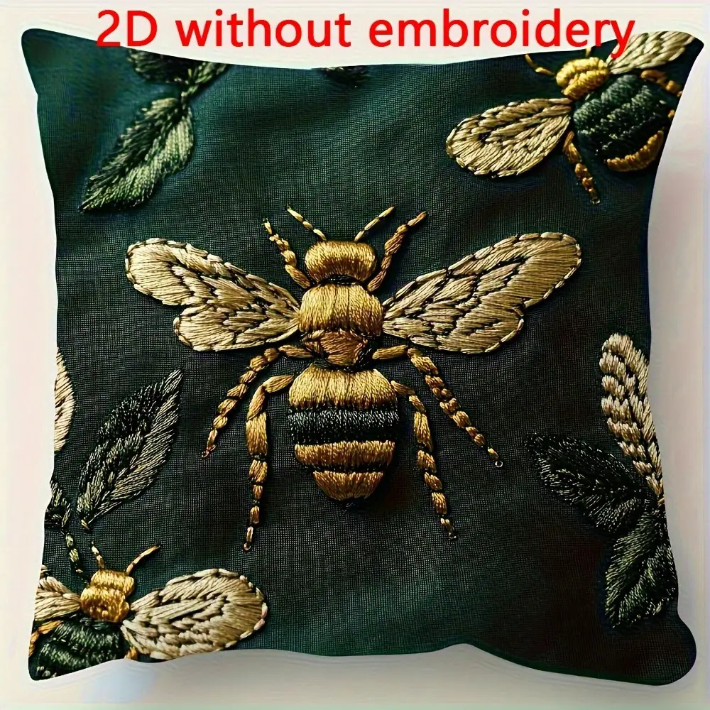 TEMU 1pc Vintage Bee & Honeycomb Pillowcase - Dark Green Golden Beige Retro Cover With Zipper Closure, Hand Washable Sofa Bed, Bee Motif Accent For