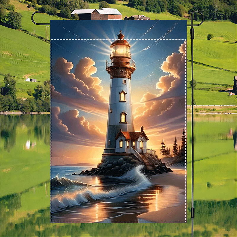 

1pc Lighthouse Garden Flag - 12x18 Inch, Double-sided, Waterproof Polyester Burlap, Ideal For Outdoor Decor, Vibrant Dawn/dusk With Lighthouse