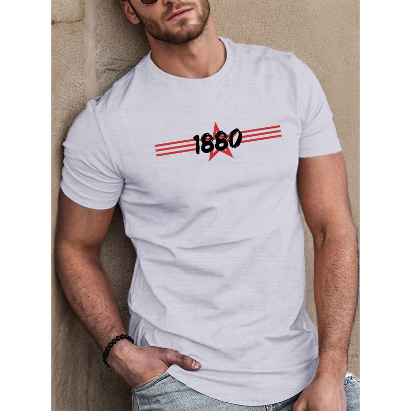 

1pc Men's 1880 T-shirt - Casual Crew Neck Short Sleeve Polyester Tee With Stretch, Geometric Pattern Knit Fabric For Summer