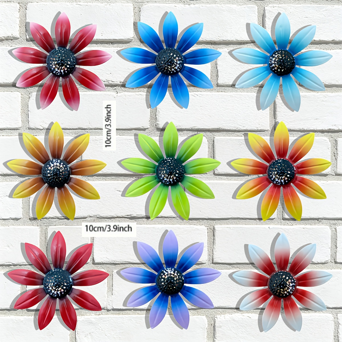 TEMU 2d Flat, 9pcs Set Of Two-dimensional Printed Colorful Acrylic Flower Wall Art Decor, Weatherproof Outdoor Wall Decoration, Hanging Floral Decor,