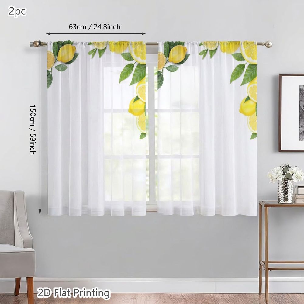 TEMU 2d Flat, 2pcs Small Semi-transparent Sheer Curtains, And Green Leaf Pattern Print Decorative Drapes In Style, For Cafes, Living Room, Kitchen,
