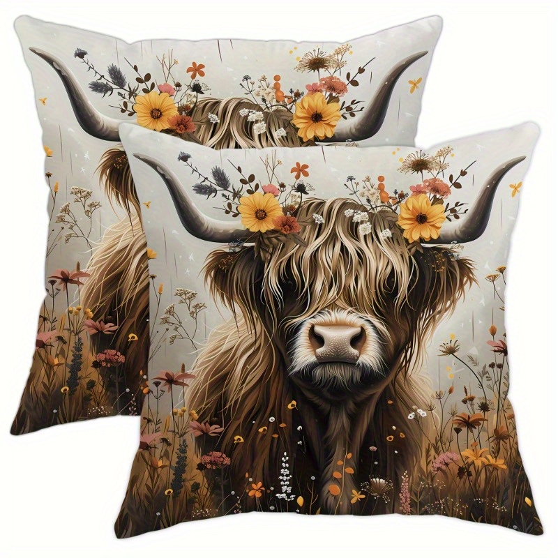 

2pcs Highland Cow & Floral Linen Throw Pillow Covers - Soft, Comfortable, Zip Closure For Living Room, Bedroom, Farmhouse Decor - Machine Washable