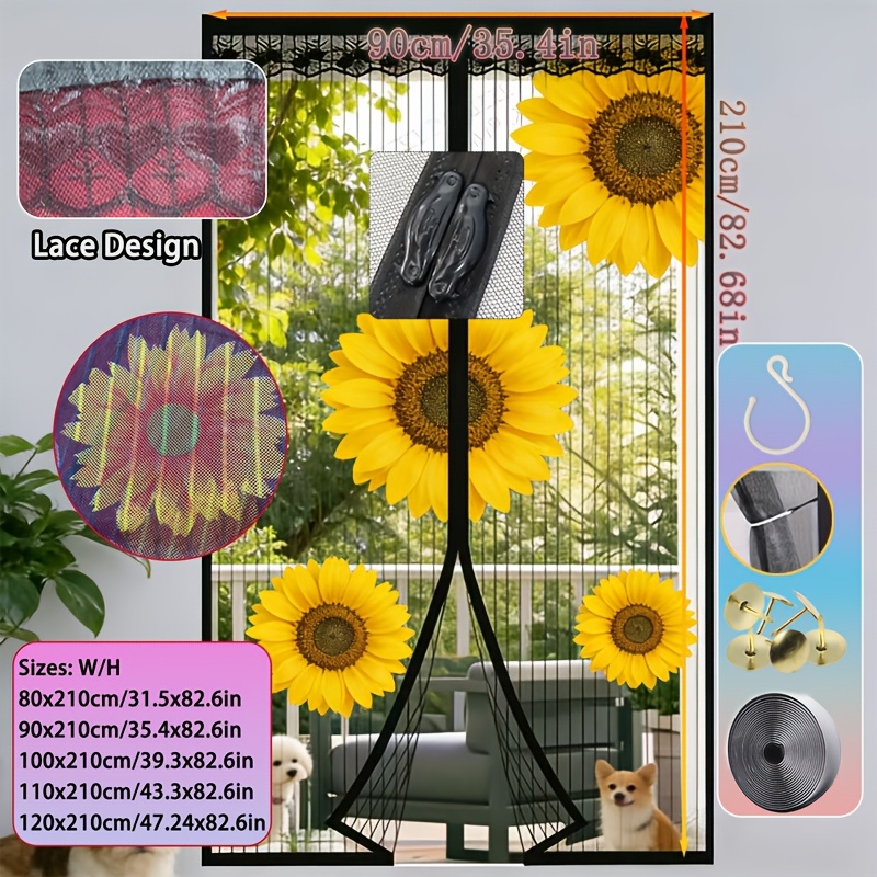 TEMU 1pc Magnetic Screen Door, Strong Magnets For , Blocks Mosquitoes Without Blocking Airflow.sunflower Print, Lace Edge, Storage Hook,