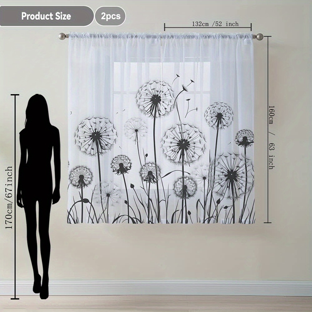 TEMU 2pcs Home Decoration Curtain Black And White Grey Dandelion Floating Window Curtain Suitable For Kitchen, Coffee Shop, Living Room, Dining Room,