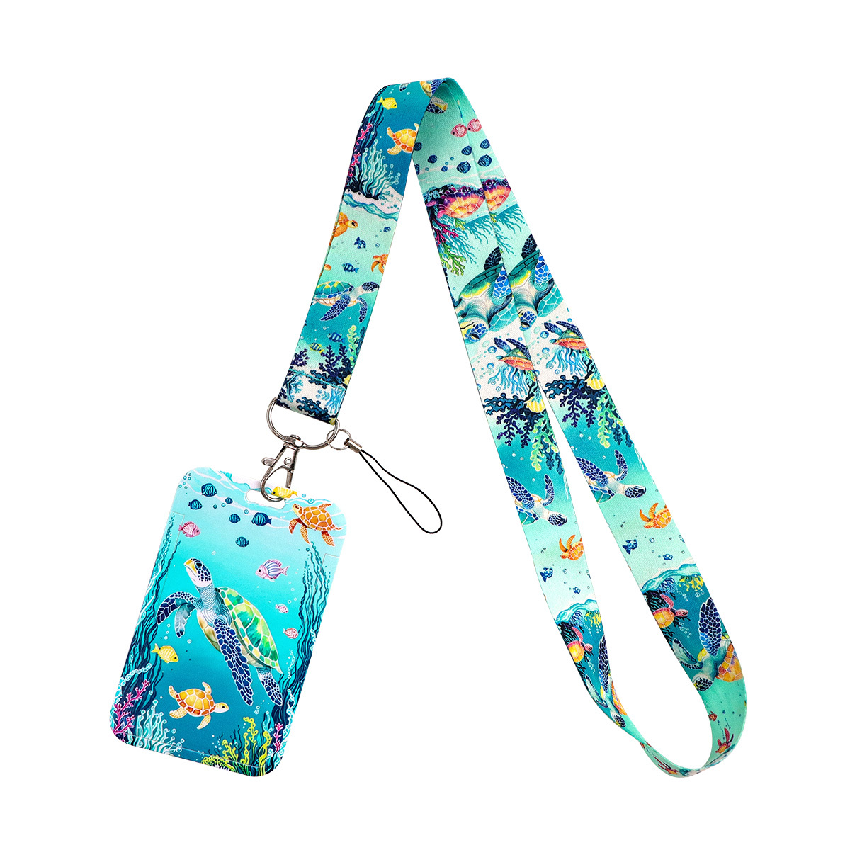 TEMU Sea Turtle Polyester Fiber Lanyard Set With Id Card Holder, Wrist Strap, And Keychain For Gym, Mobile Phone, Usb Badge- Be Kind Design 1pc