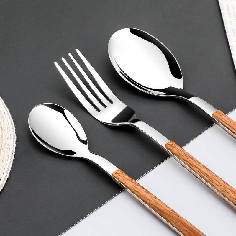 stainless steel flatware set 4 cutlery utensils set with simulated wooden handle   knives forks spoons service 4   polished and dishwasher safe silvery stainless steel cutlery set cutlery set stainless steel cutlery portable cutlery set stainless steel cutlery kitchen utensils home dining stylish utensils     steel rustresistant flatware collection knife   set restaurant supplies home cooks Product details 3