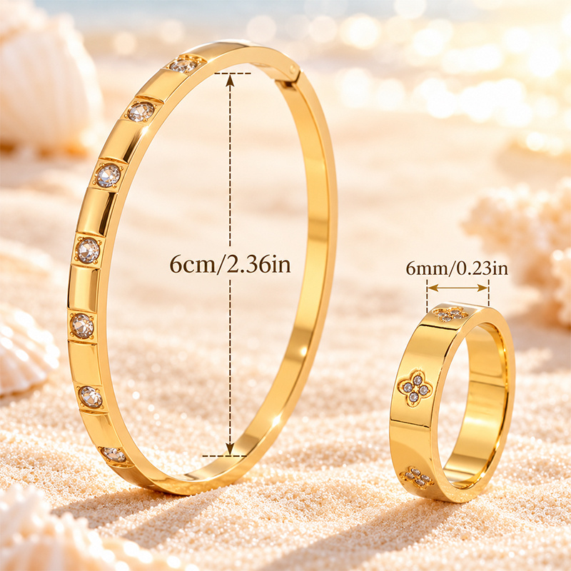 Segmented Slim Bangle & Four Flower Wide Ring Set, Glossy Finish