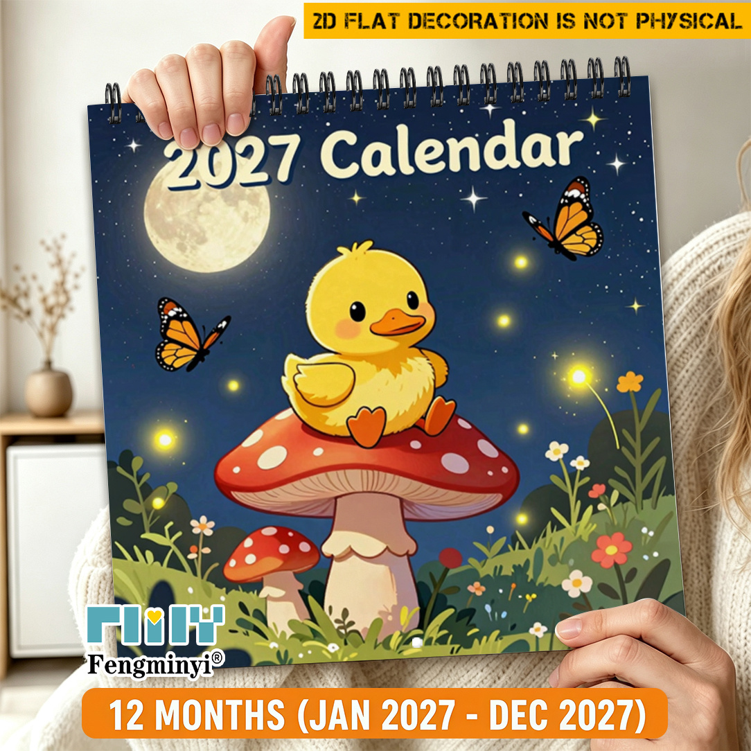 TEMU 2d Flat 1pc 2027 Calendars, 2027 Humorous Calendar Desktop Desk Wall Hanging Calendar, Night Mushroom Little Yellow Duck Night Sky Cartoon Style