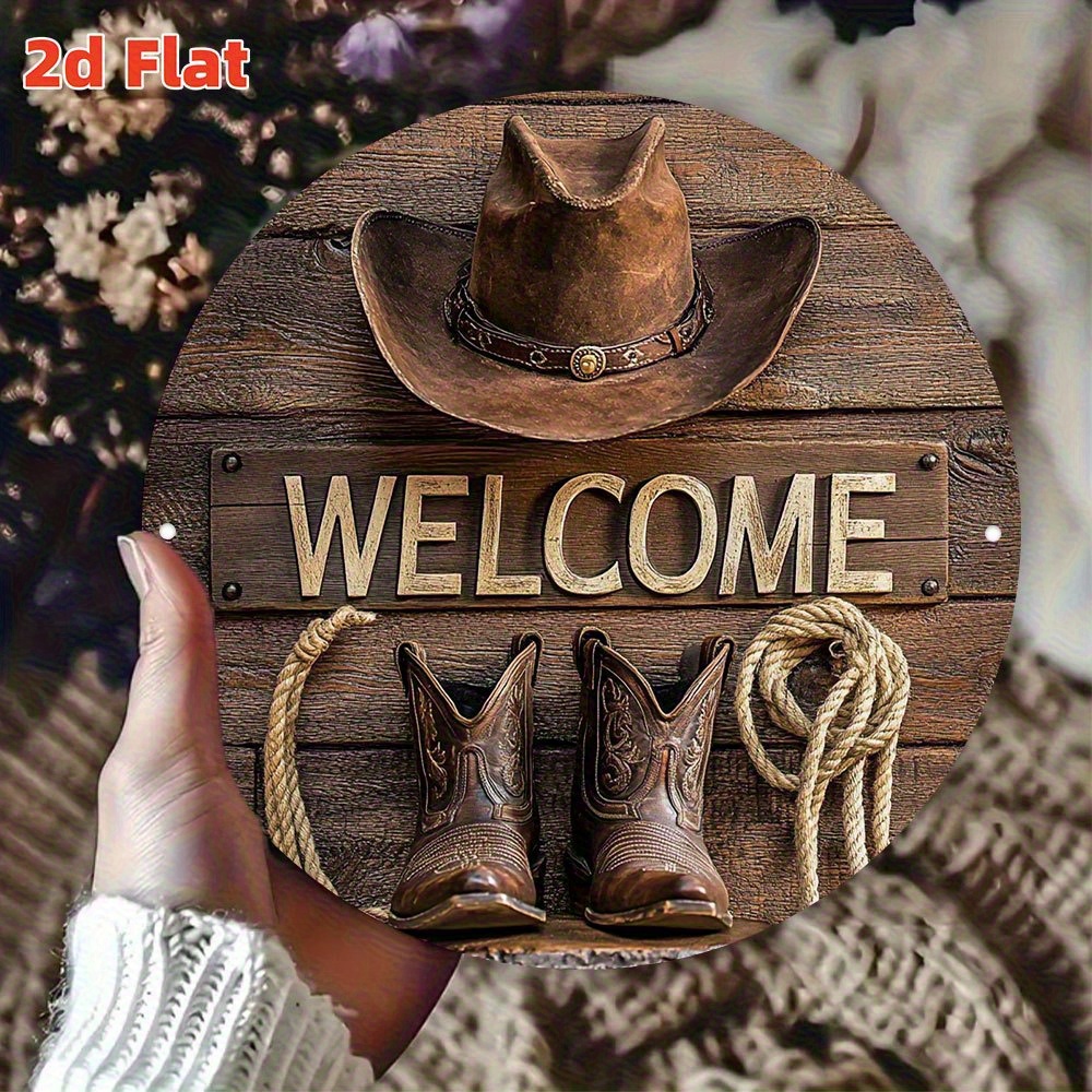 E-shop [2D Flat] Willkommensschild mit einem 2D-Flachdesign Western-Cowboy, hergestellt aus rustikalem, Aluminiumblech. Diese Wandkunst, die 19,79 x