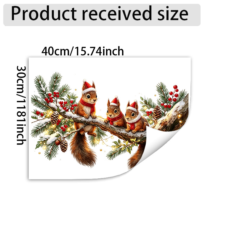 TEMU Stickers sur le thème de Noël et de l'hiver, trois écureuils avec des chapeaux de Père Noël et des écharpes rouges sur des branches de neige,