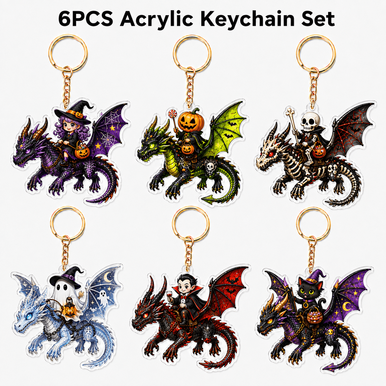 TEMU 2d Flat, 6pcs Halloween Dragon Knight 2d Flat Acrylic Keychain Set, Pumpkin Skull Black Cat Printed Pendant Hanging Ornament, Car Key And