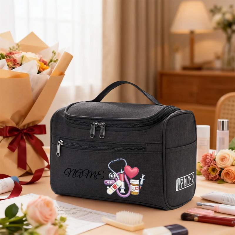 TEMU [toiletry Bag] Custom Name Medical Element Print Toiletry Bag, Large Capacity Portable Travel Organizer, Makeup Bag, Supports Custom Name,