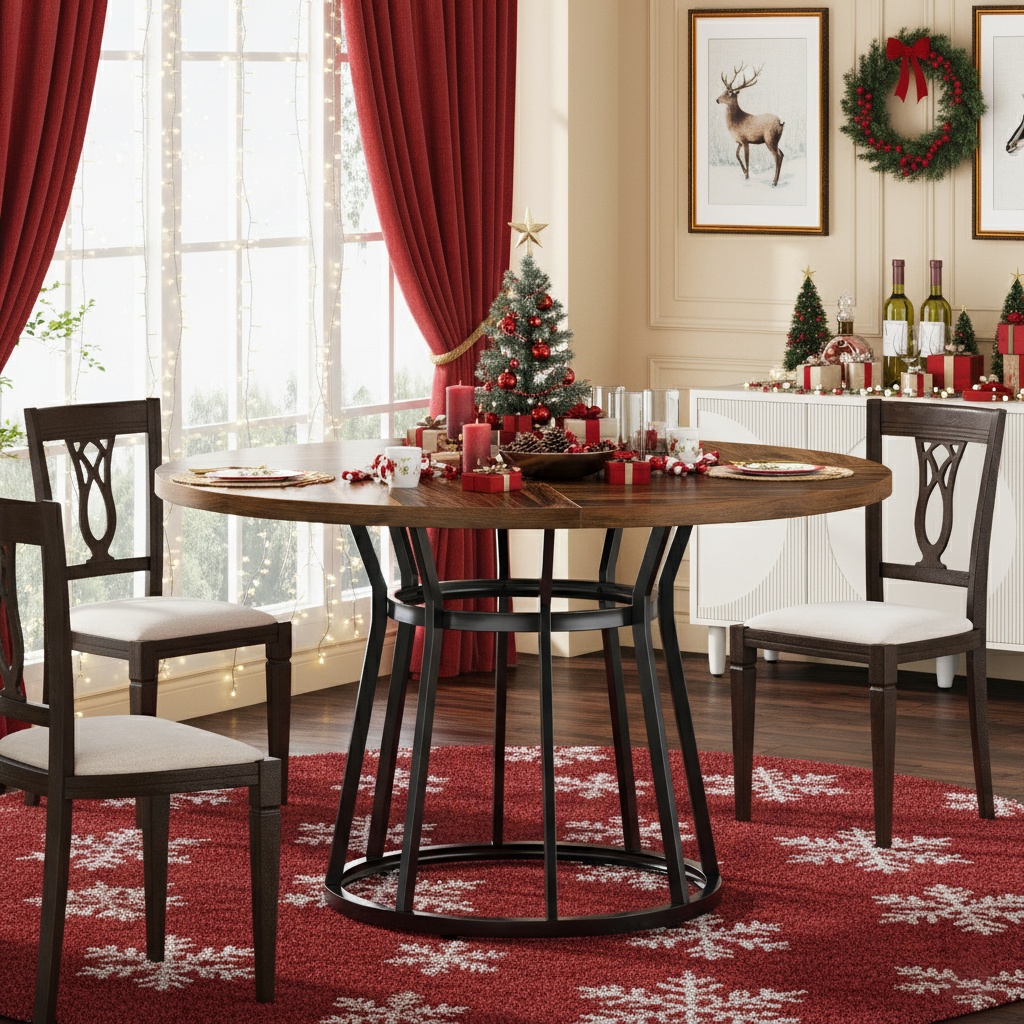 Circle Dining Table For With Metal Base, 120cm Round Kitchen Table For Living Room, Ideal For Cozy Christmas Dinners (only Table)(1pc)