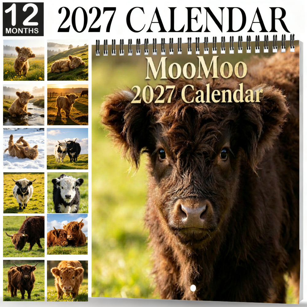 TEMU 2027 Full Year 12 Months Hanging Planning Wall Calendar Cute Calf Cow Animal Photo Lightweight Coil, Easy Wall Mounting With No Pressure, Large