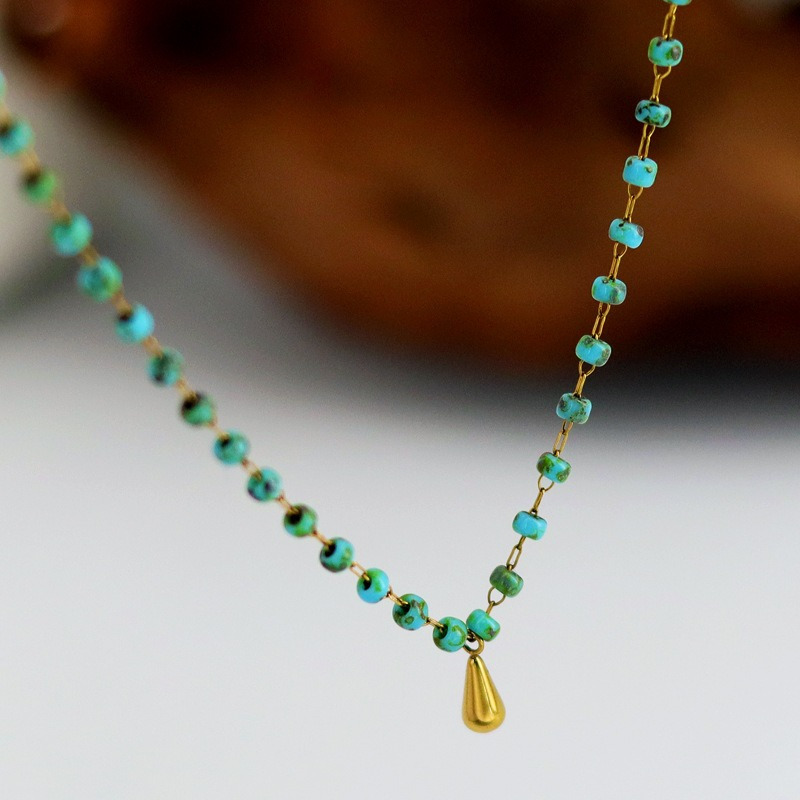 

1pc Vintage 18k Golden Plated Copper Necklace With Turquoise Beads And Drop Pendant - , Non-fading, Ideal For And Vacation - Perfect Valentine's Day And Christmas Gift