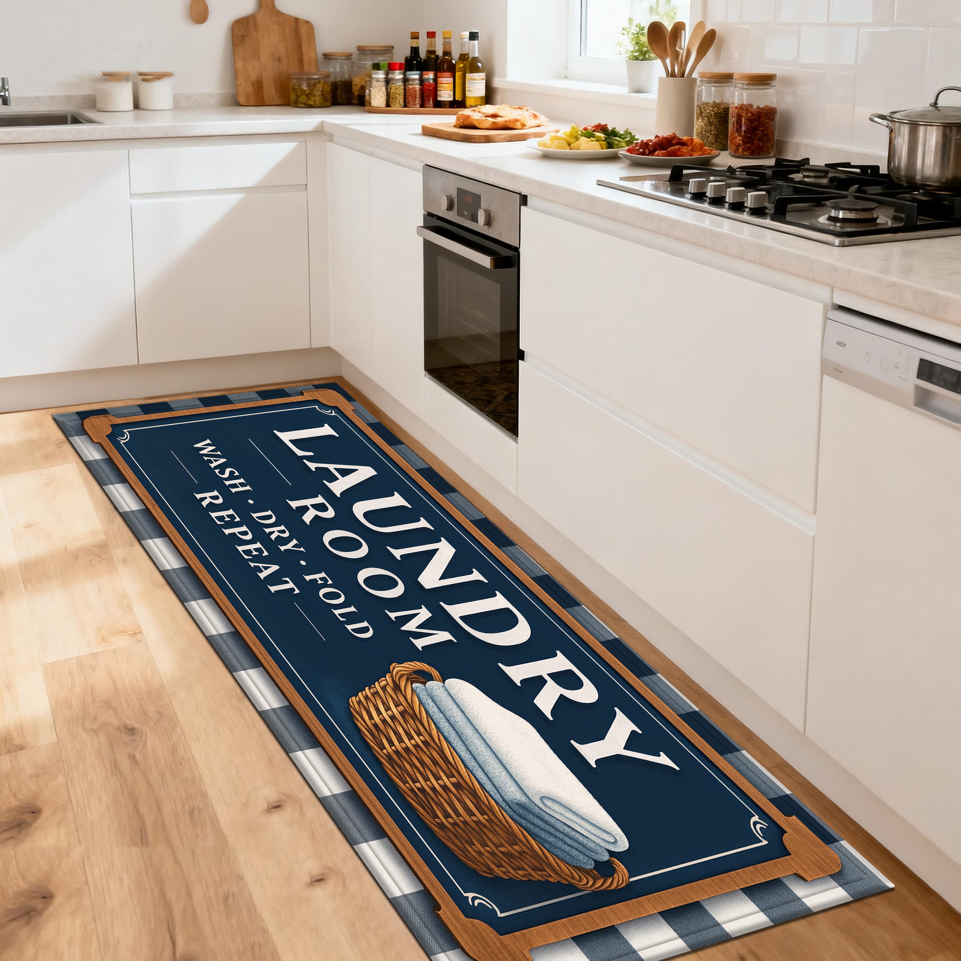 TEMU 1pc Of Kitchen Runner Mat, Blue And White Laundry Sign, Home Decor Laundry Room Entrance Doormat, Bathroom Toilet Door Absorbent Non-slip Foot