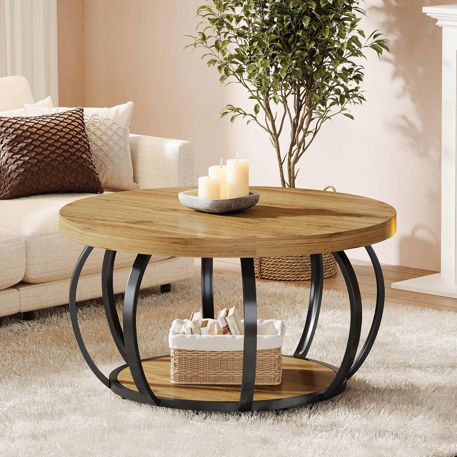 E-shop 31,5" Runder Industrie-Couchtisch mit Ablagefach - Zwei-stöckiger, robuste Metallrahmen & Tischplatte aus Holzwerkstoff, brauner & schwarzer