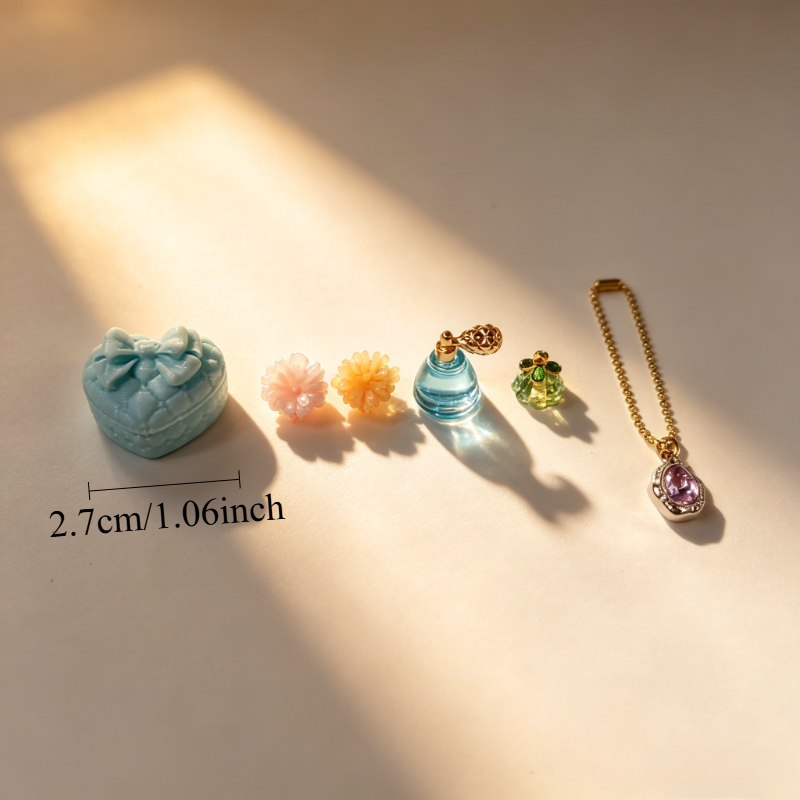 TEMU 6pcs Dollhouse Miniature Vanity Set Decorations, Including 1 Vanity Box, 1 Necklace, 2 Flowers, And 2 Miniature Perfume Bottles. Collectible