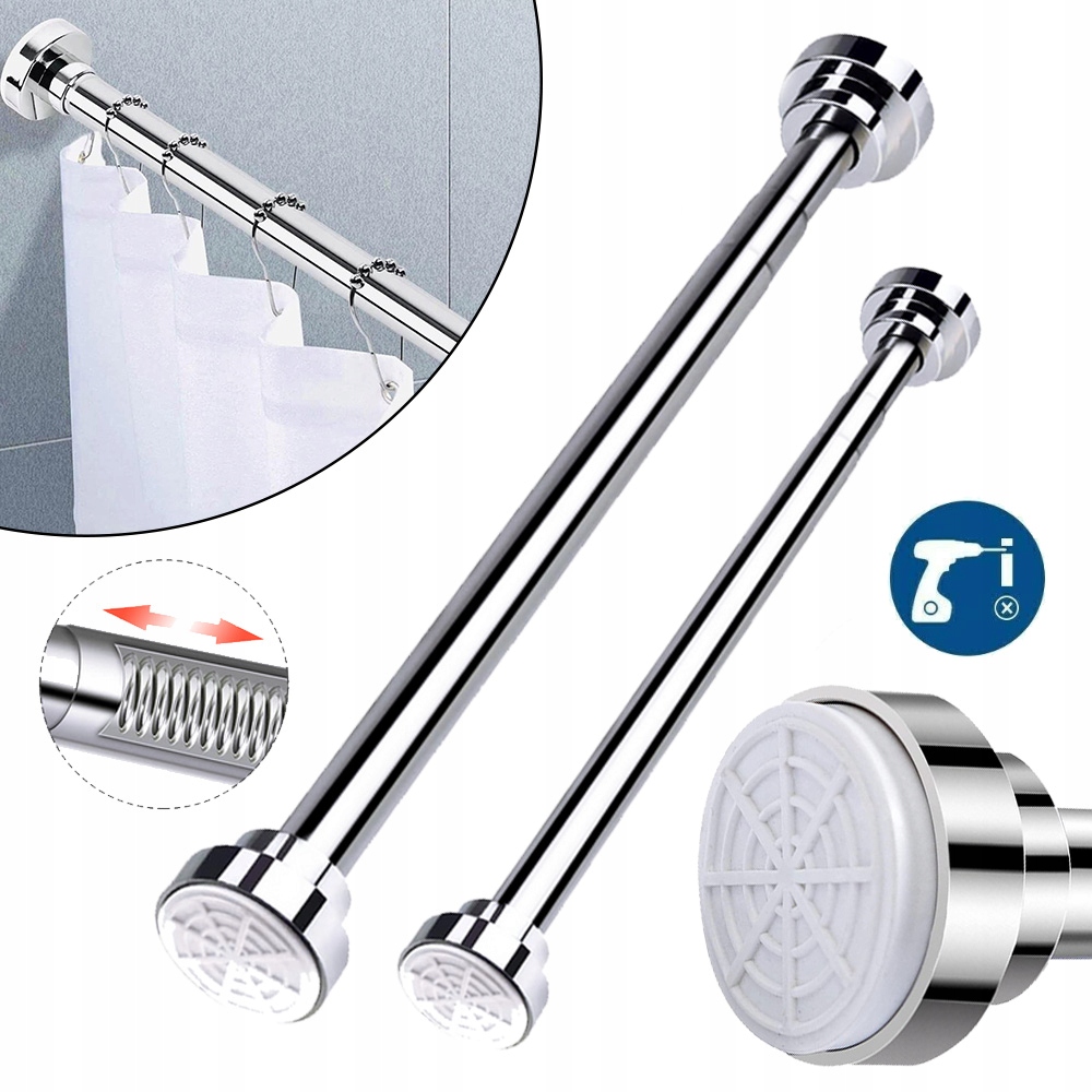 Image of Stainless Steel Extendable Shower Curtain Rod | Adjustable Telescopic Tension Pole For Kitchen, Bathroom, And Window, Wall Hanging Installation, 50mm Diameter, Brand: