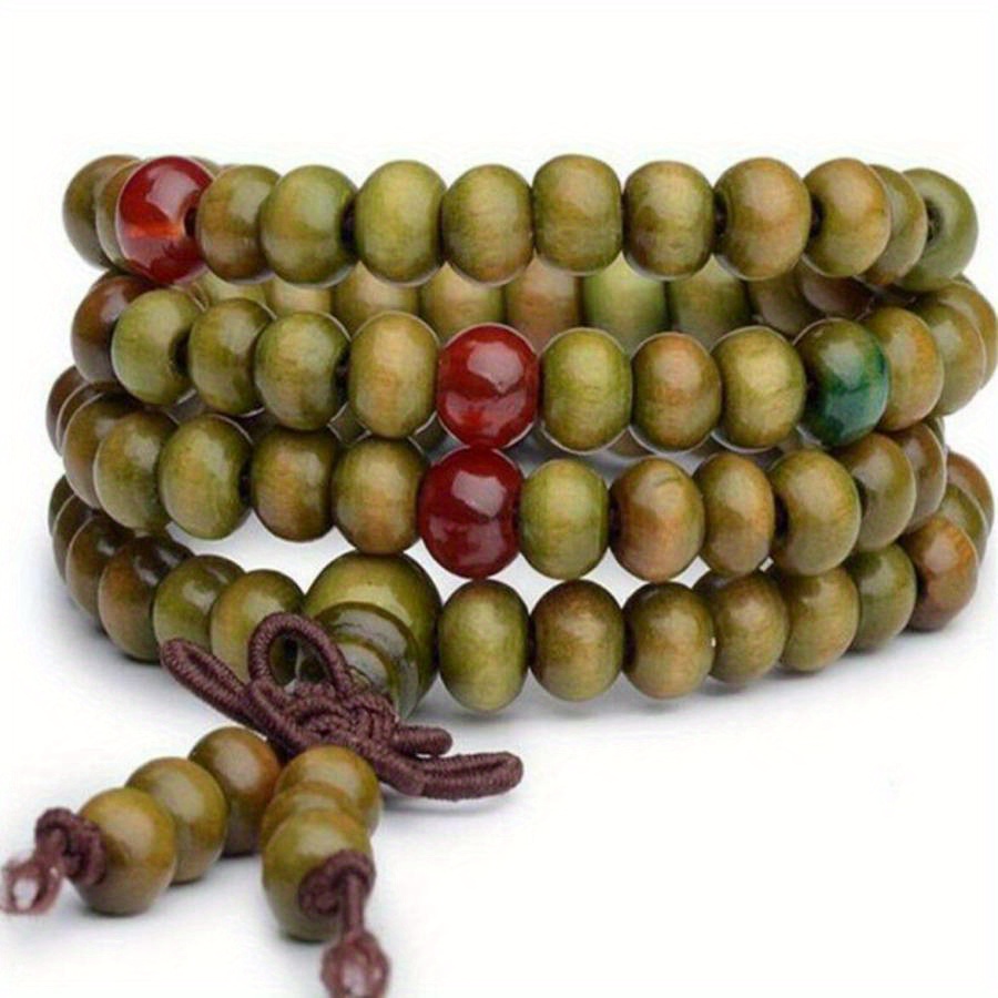 Handmade 6mm 108-bead Sandalwood Stone Bracelet With Knot Tassel, Sweater Chain, And Mala Beads