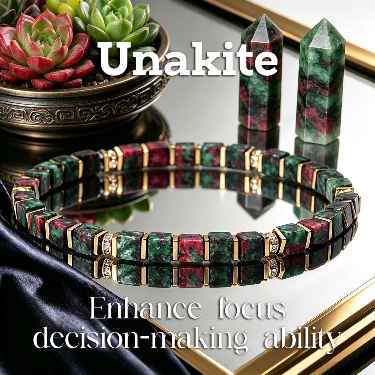 TEMU Bracciale casual con perline quadrate in Unakite da 5 mm, migliora la concentrazione e la capacit� di prendere decisioni, con cordino elastico,