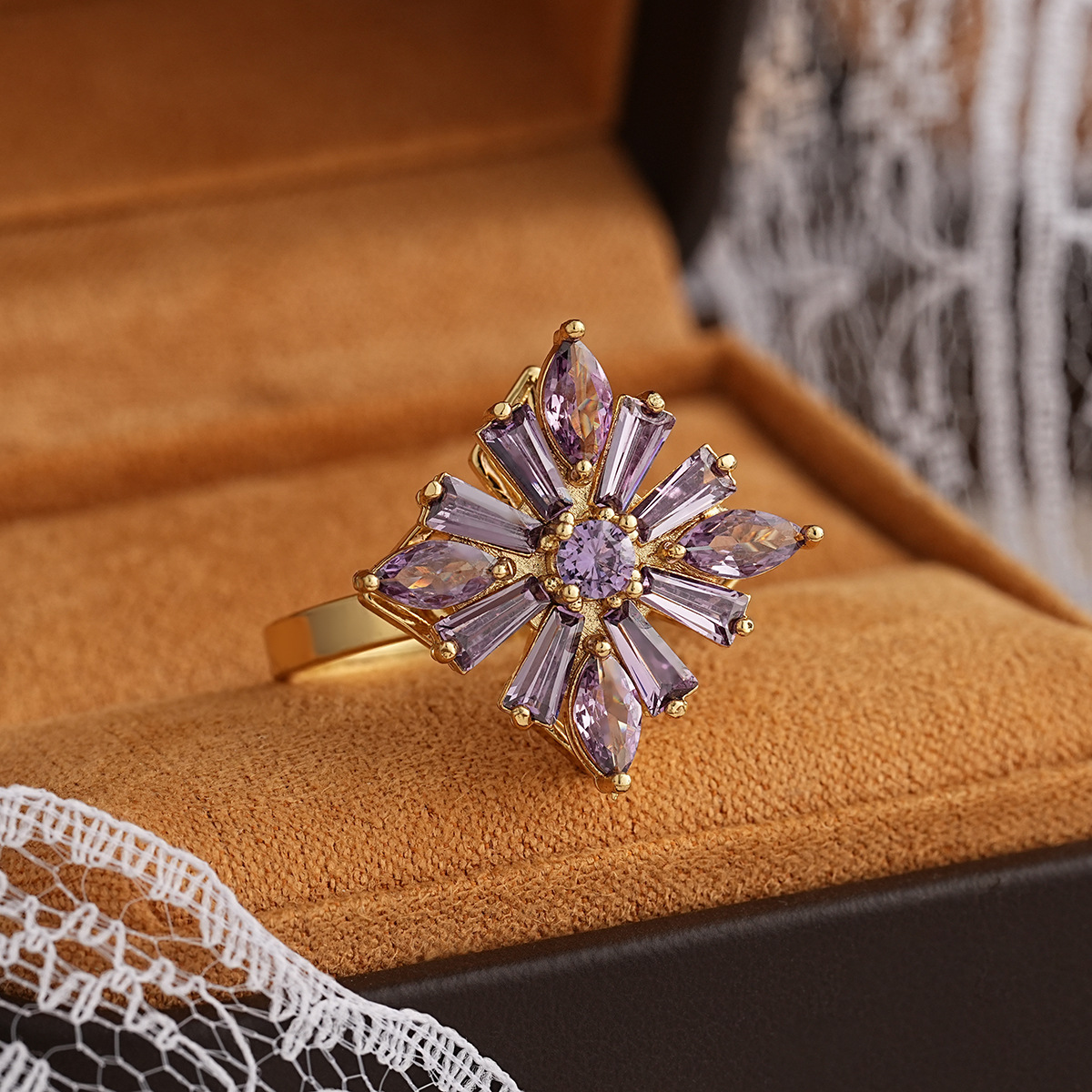 women   steel 360° rotating color-changing flower ring - luxury   (purple, green, pink, red, clear -accented) with rotatable center, everyday & party jewelry gift for birthdays, christmas,   - durable & affordable rotatable design,   wear, elegant statement piece for women Product details 3