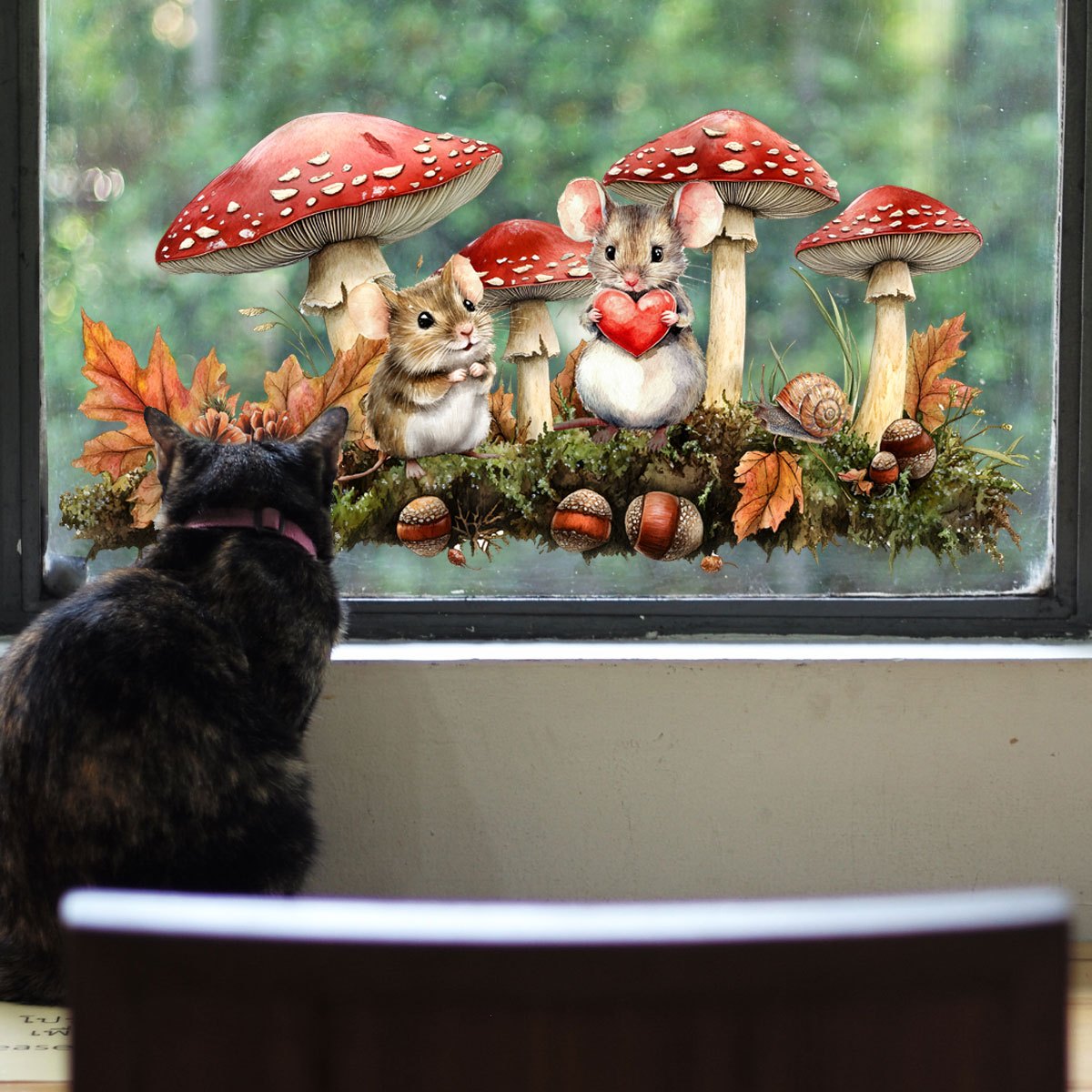 TEMU 2D Plat, 2D Plat Aquarel Herfstbos Paddenstoel & Muisje Statische Glassensticker, Retro Bos Natuurlijke Stijl Decoratieve Sticker voor Huisdeur