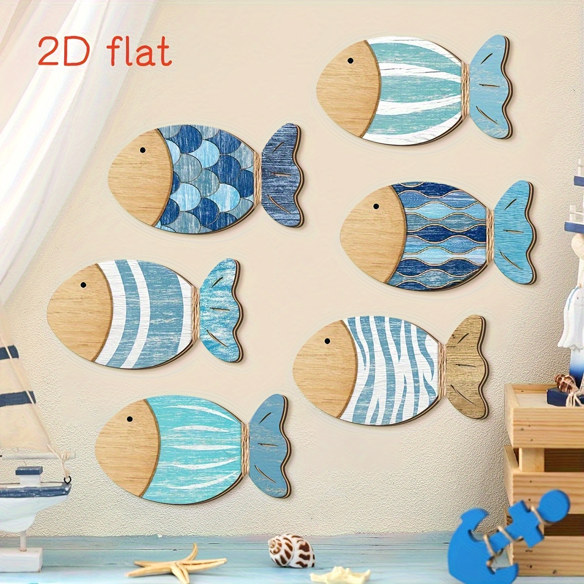 Image of 2d Flat, 2d Flat 6pcs Set Summer Ocean Blue Small Fish Wooden Vintage Decorative Plaques And Signs Suitable For Summer Room Decoration, Home Decoration (with Dot Glue), 2d Flat