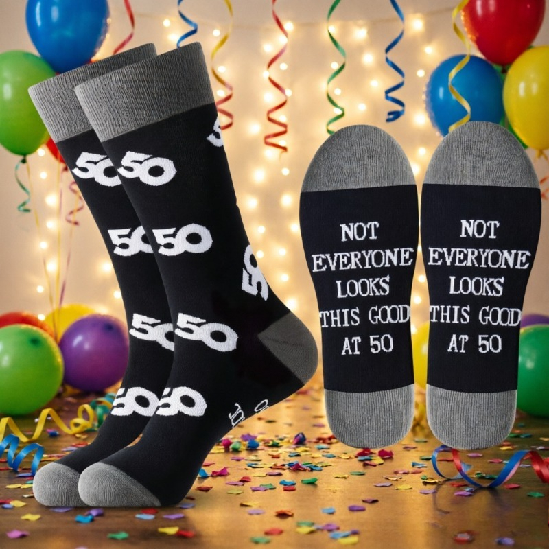 TEMU 1 Pair Black Gray Color-block Elastic Mid-calf Men's Casual Socks, 50th Birthday Theme Print Design, Comfortable And Breathable For Wear,